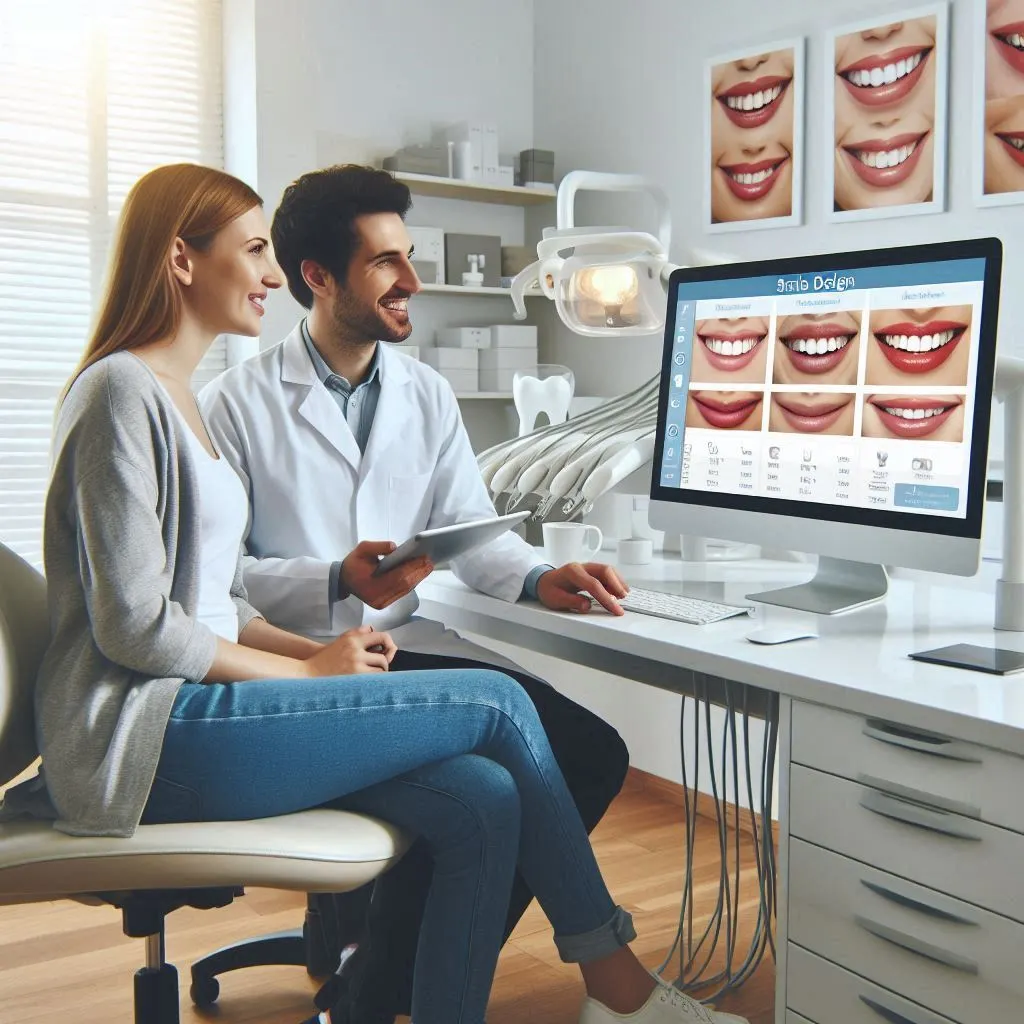 a dentist shows some smile images from computer.