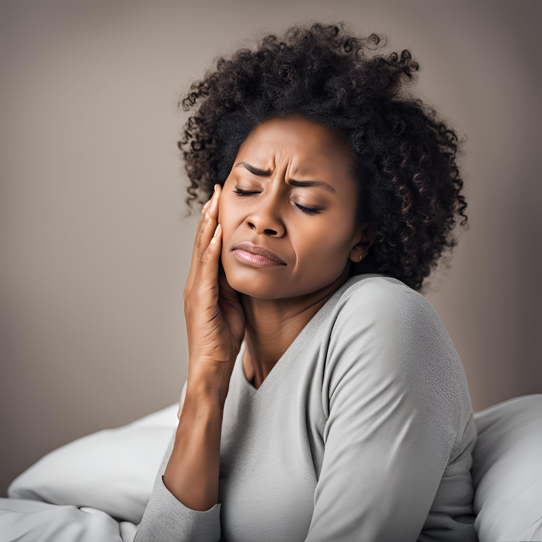 a woman holding her cheek and suffering