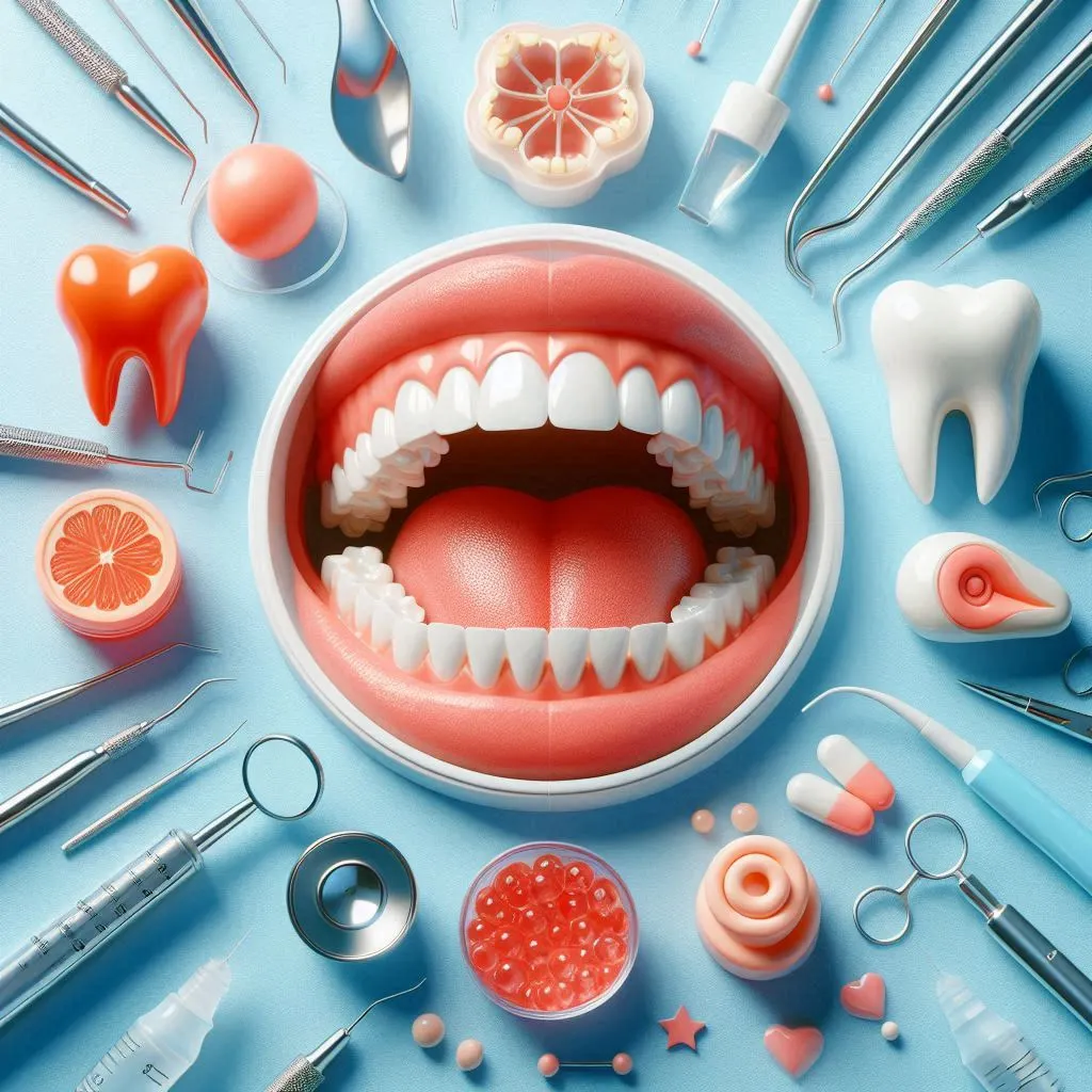 in the center an open mouth, around there are dental tools and same fruits