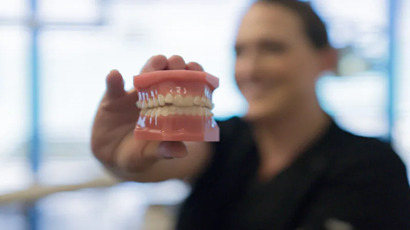 Dentist holding dentures on misty background